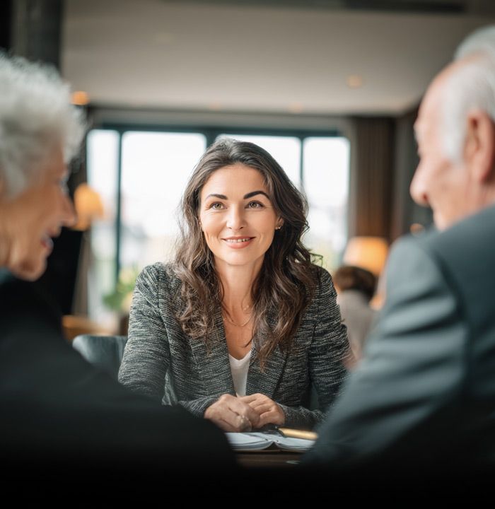Attorney Amanda Kania speaking with clients